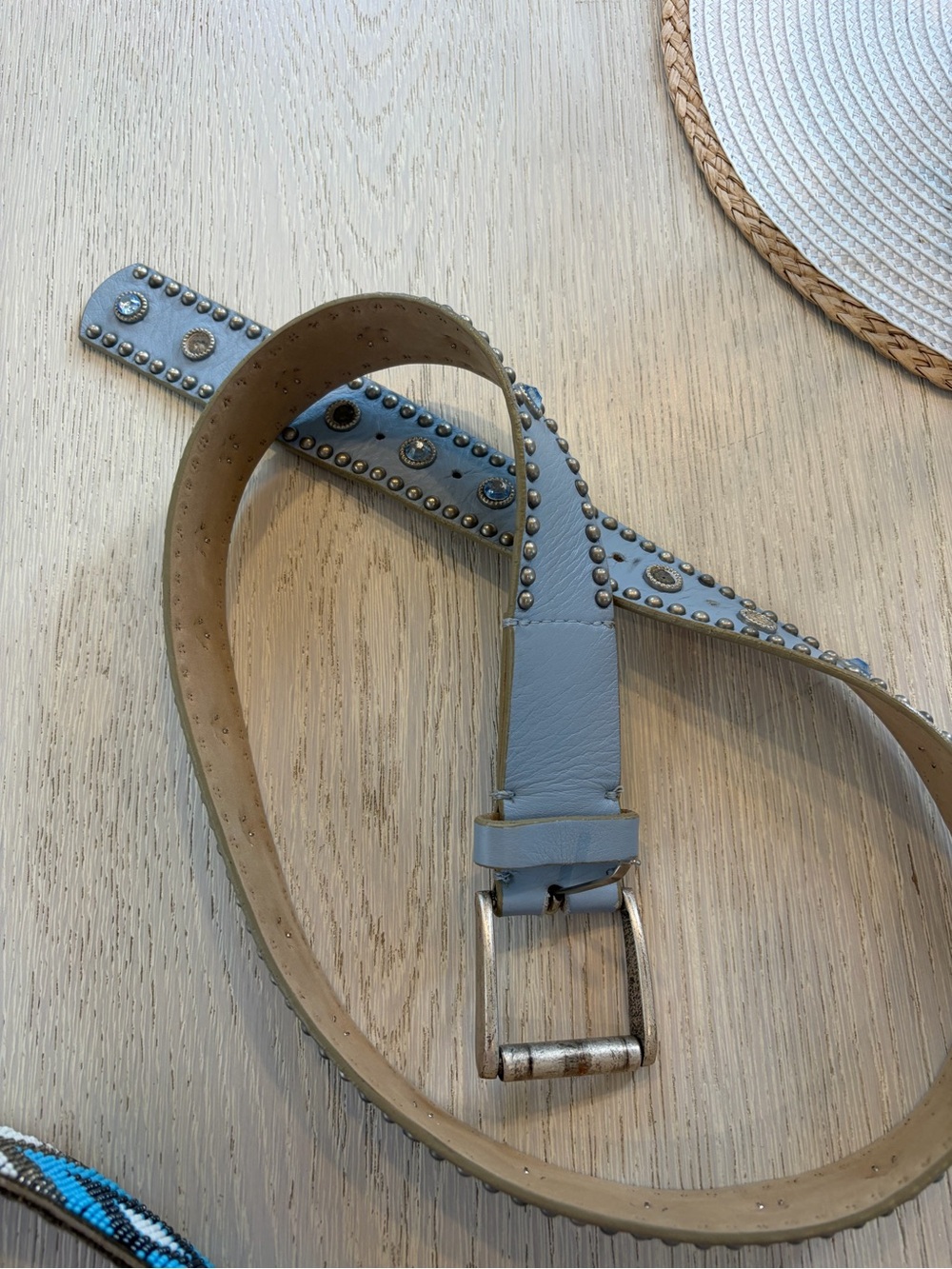 Studded Light Blue Leather women’s belt